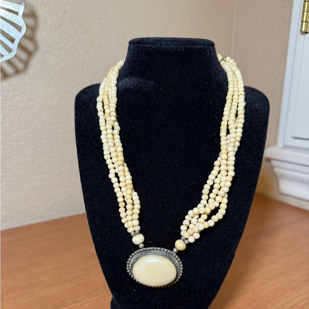 Vintage Multi Strand Bone Bead Necklace Large Oval Pendant With Stone